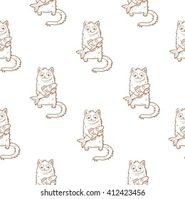 Seamless pattern with cute cartoon cats and fish on white  background. Children's illustration. Friendship of animals. Vector image.