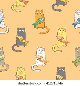 Seamless pattern with cute cartoon cats and fish on  orange background. Children's illustration. Friendship animals. Vector image.