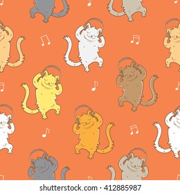 Seamless pattern with cute cartoon cats with  headphones on  red background. Melody and notes. Vector image. Children's illustration.