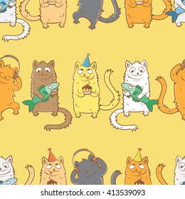 Seamless pattern with cute cartoon cats  on  yellow  background. Children's illustration.  Vector image.