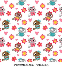 Seamless pattern with cute cartoon cats. Vector image.