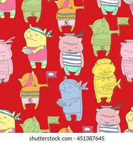 Seamless pattern with cute cartoon  cats on red background. Little kittens. Funny animals. Children's illustration. 