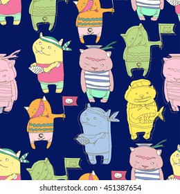 Seamless pattern with cute cartoon  cats on blue background. Little kittens. Funny animals. Children's illustration. 