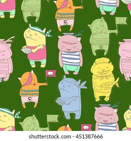 Seamless pattern with cute cartoon cats on green background. Little kittens. Funny animals. Children's illustration. 