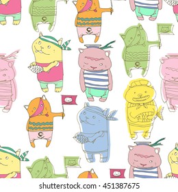 Seamless pattern with cute cartoon cats on white background. Little kittens. Funny animals. Children's illustration. 