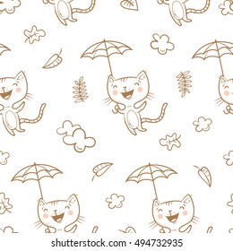 Seamless pattern with cute cartoon cats under an umbrella on white  background. Flying kittens. Autumn season. Windy weather and falling leaves. Funny animals. Vector image. Children's illustration.