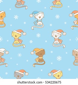Seamless pattern with cute cartoon cats  in coat and snowflakes on blue  background. Winter time. Snowy weather. Funny kittens. Animals  in clothes. Vector image. Children's illustration.