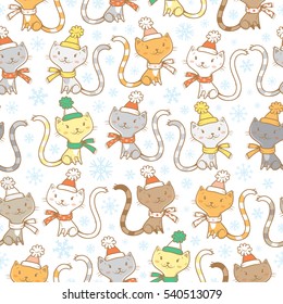 Seamless pattern with cute cartoon cats  in hats  and snowflakes on white  background. Winter time. Snowy weather. Funny kittens. Animals  in clothes. Vector image. Children's illustration.