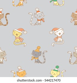 Seamless pattern with cute cartoon cats  in knitted scarves and hats on gray  background.  Funny kittens. Animals  in clothes. Vector image. Children's illustration.