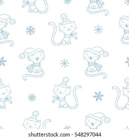 Seamless pattern with cute cartoon cats  in coat and snowflakes on white  background. Winter time.  