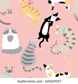 Seamless pattern with cute cartoon cats