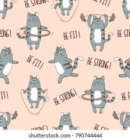 Seamless pattern with cute cartoon cats exercising. Vector fitness background.