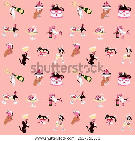 Seamless pattern with Cute Cartoon Cats in Cocktail Glasses. Party Pose Pack