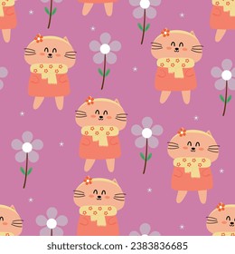 Seamless pattern with cute cartoon cats,and purple flowers for fabric prints, textiles, gift wrapping paper. colorful vector for children, flat style