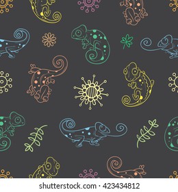 Seamless pattern with cute cartoon chameleons, plants and flowers on  dark background. Colorful  reptiles in different poses. Children's illustration. Vector contour image.