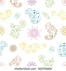 Seamless pattern with cute cartoon chameleons, plants and flowers on  white  background. Colorful  reptiles in different poses. Children's illustration. Vector contour image.