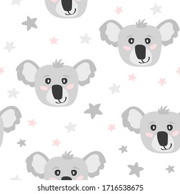 Seamless pattern with cute cartoon character koala. Print for baby shower party. Vector print with baby koala.