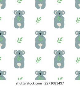 Seamless Pattern Cute cartoon character koala with a sprig of green eucalyptus leaves. Vector illustration.