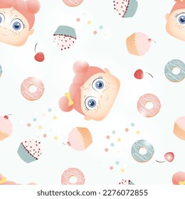 Seamless pattern with cute cartoon character, donuts and cupcakes.