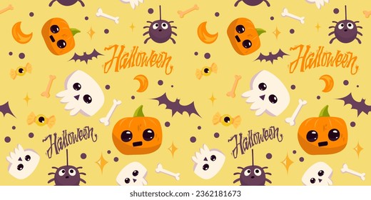 Seamless Pattern Cute Cartoon Character. Halloween. Pumpkin, skull, bone, bat, candy, spider on yellow background. Design templates for fashion, fabric, textile, wrapping paper, wallpaper