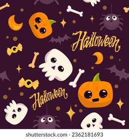 Caracteres de dibujos animados sin inconvenientes. Halloween. Calabaza, cráneo, hueso, murciélago, caramelos, araña sobre fondo oscuro. Diseñar plantillas para la moda, tela, textil, papel envolvente, papel tapiz.