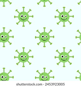 Seamless Pattern with Cute cartoon character virus. Microbiology organism funny face wallpaper. Mascots expressing emotion background. Vector children illustration in flat design.