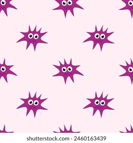 Seamless Pattern with Cute cartoon character virus, bacteria, microbe. Microbiology organism funny face wallpaper. Mascot expressing emotion background. Vector children illustration in flat design.