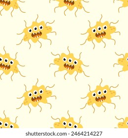 Seamless Pattern with Cute cartoon character virus, bacteria, microbe. Microbiology organism funny face wallpaper. Mascot expressing emotion background. Vector children illustration in flat design.