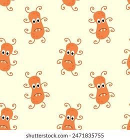 Seamless Pattern with Cute cartoon character virus, bacteria, microbe. Microbiology organism funny face wallpaper. Mascot expressing emotion background. Vector children illustration in flat design.