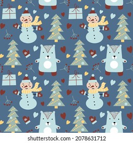 Seamless pattern with cute cartoon characters. Winter holiday background with snowman and polar bear. Vector childish Illustration in flat style. For fabrics, greeting cards, wrapping paper