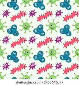 Seamless Pattern with Cute cartoon characters virus, bacteria, microbe. Microbiology organisms funny face wallpaper. Mascot expressing emotion background. Vector children illustration in flat design.