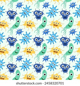 Seamless Pattern with Cute cartoon characters virus, bacteria, microbe. Microbiology organisms funny face wallpaper. Mascot expressing emotion background. Vector children illustration in flat design.