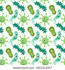 Seamless Pattern with Cute cartoon characters virus, bacteria, microbe. Microbiology organisms funny face wallpaper. Mascot expressing emotion background. Vector children illustration in flat design.