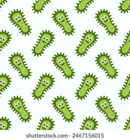 Seamless Pattern with Cute cartoon characters virus, bacteria, microbe. Microbiology organism funny face wallpaper. Mascot expressing emotion background. Vector children illustration in flat design.