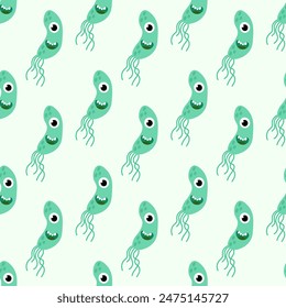 Seamless Pattern with Cute cartoon characters virus, bacteria, microbe. Microbiology organism funny face wallpaper. Mascot expressing emotion background. Vector children illustration in flat design.