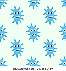 Seamless Pattern with Cute cartoon characters virus, bacteria, microbe. Microbiology organism funny face wallpaper. Mascot expressing emotion background. Vector children illustration in flat design.