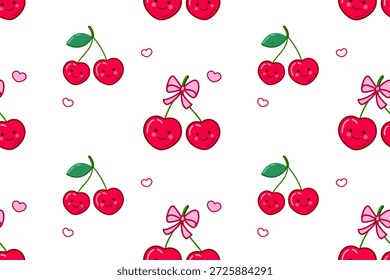 Nahtloses Muster mit niedlichen Cartoon Kirschen und Herzen. Hintergrund für das Valentinstag-Design. Vektorgrafik