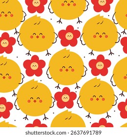 seamless pattern cute cartoon chick with red flower. cute animal pattern for wallpaper, background and gift wrap paper
