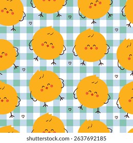 seamless pattern cute cartoon chick with blue checkered background. cute animal pattern for wallpaper, background and gift wrap paper