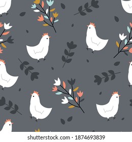 Patrón sin foco con un lindo pollo de dibujos animados para imprimir tela, textil, papel de envoltura de regalo. vector colorido para los niños, de estilo plano
