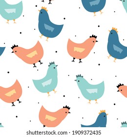 Seamless pattern with cute cartoon chicken for fabric print, textile, gift wrapping paper. colorful vector for kids, flat style