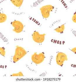 Seamless pattern with cute cartoon chicken baby and lettering. Funny chick. Hand drawn characters isolate on white background. Vector illustration.