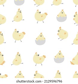 Seamless pattern with cute cartoon chicken. Funny chick. Hand drawn characters isolate on white background. Vector illustration.