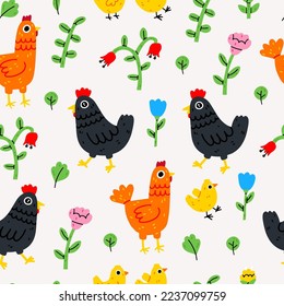 Nahtloses Muster mit süßem Cartoon-Huhn und Blumen für Stoffdruck, Textilien, Geschenkpapier. bunter Vektorgrafik für Textilien, flach.Springtime, Vektorgrafik in trendigem, handgezeichnet