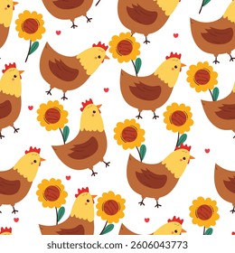 seamless pattern cute cartoon chicken and flower. cute animal pattern and wallpaper