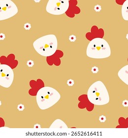 Seamless pattern cute cartoon chicken with flower. Cartoon farm birds animal characters design cards, texture for fabric, wrapping, textile, wallpaper, apparel and phone cases.