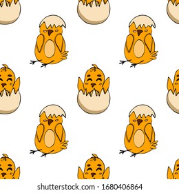 Seamless pattern of cute cartoon chickens for easter design. Vector illustration.
