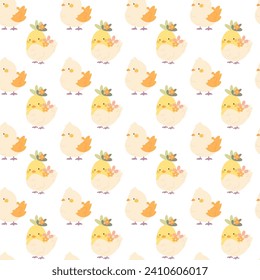 Seamless pattern of cute cartoon chickens. Funny yellow chickens in different poses, vector
