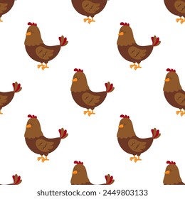 seamless pattern with cute cartoon chickens on white, easter background with cartoon hen