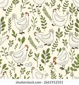Seamless pattern with cute cartoon chickens  on white background